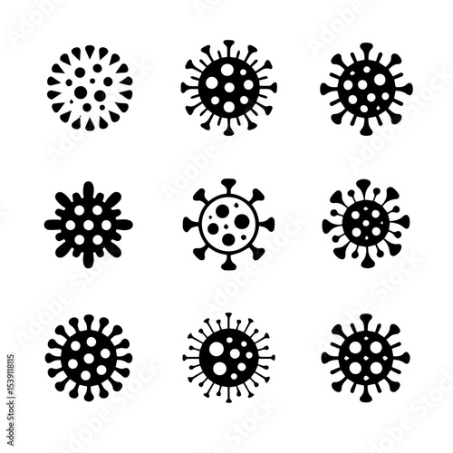Set of nine black coronavirus icons with various spike protein shapes, displayed in a grid on a white background. The simple vector design represents virus structure, infection, and pandemic awareness