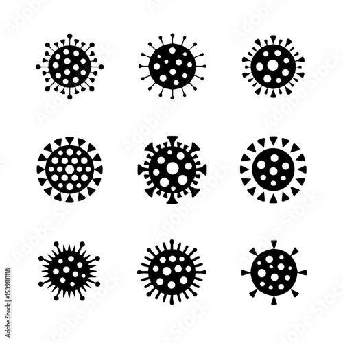 Set of nine black coronavirus icons with various spike protein shapes, displayed in a grid on a white background. The simple vector design represents virus structure, infection, and pandemic awareness