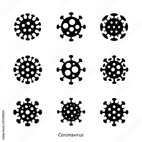 Set of nine black coronavirus icons with various spike protein shapes, displayed in a grid on a white background. The simple vector design represents virus structure, infection, and pandemic awareness