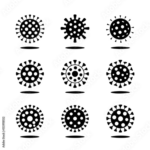 Set of nine black coronavirus icons with various spike protein shapes, displayed in a grid on a white background. The simple vector design represents virus structure, infection, and pandemic awareness