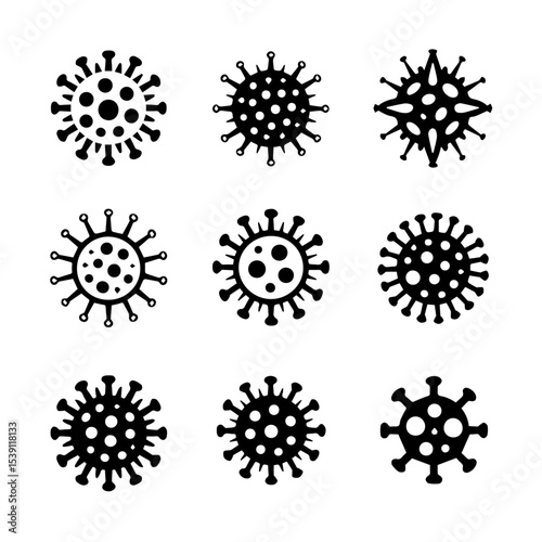 Set of nine black coronavirus icons with various spike protein shapes, displayed in a grid on a white background. The simple vector design represents virus structure, infection, and pandemic awareness