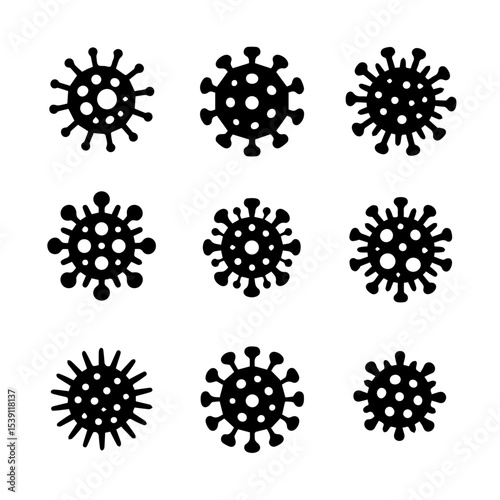Set of nine black coronavirus icons with various spike protein shapes, displayed in a grid on a white background. The simple vector design represents virus structure, infection, and pandemic awareness