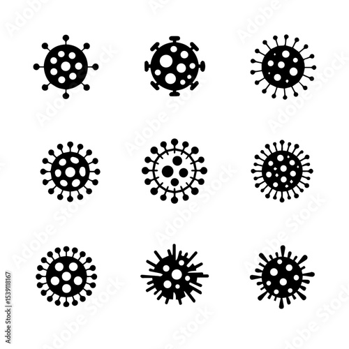 Set of nine black coronavirus icons with various spike protein shapes, displayed in a grid on a white background. The simple vector design represents virus structure, infection, and pandemic awareness