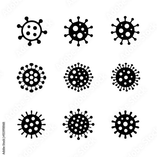 Set of nine black coronavirus icons with various spike protein shapes, displayed in a grid on a white background. The simple vector design represents virus structure, infection, and pandemic awareness