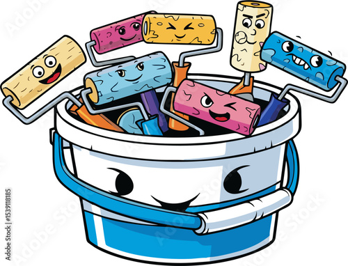 Cartoon Paint Bucket Overflowing with Expressive, Colorful Paint Rollers