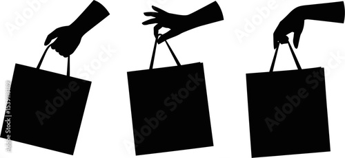 Shopping bags in black silhouette hands holding bags retail therapy fashion accessories online store sale offer editable stock vector illustration