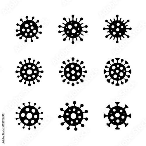 Set of nine black coronavirus icons with various spike protein shapes, displayed in a grid on a white background. The simple vector design represents virus structure, infection, and pandemic awareness