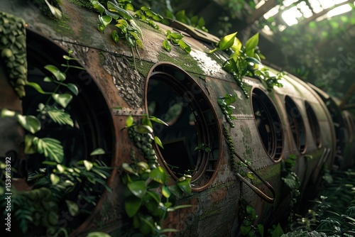 An abandoned aircraft lies forgotten amidst an overgrown environment, where nature has reclaimed its space. The rusting fuselage, adorned with vibrant green foliage, tells a story of time and the unt