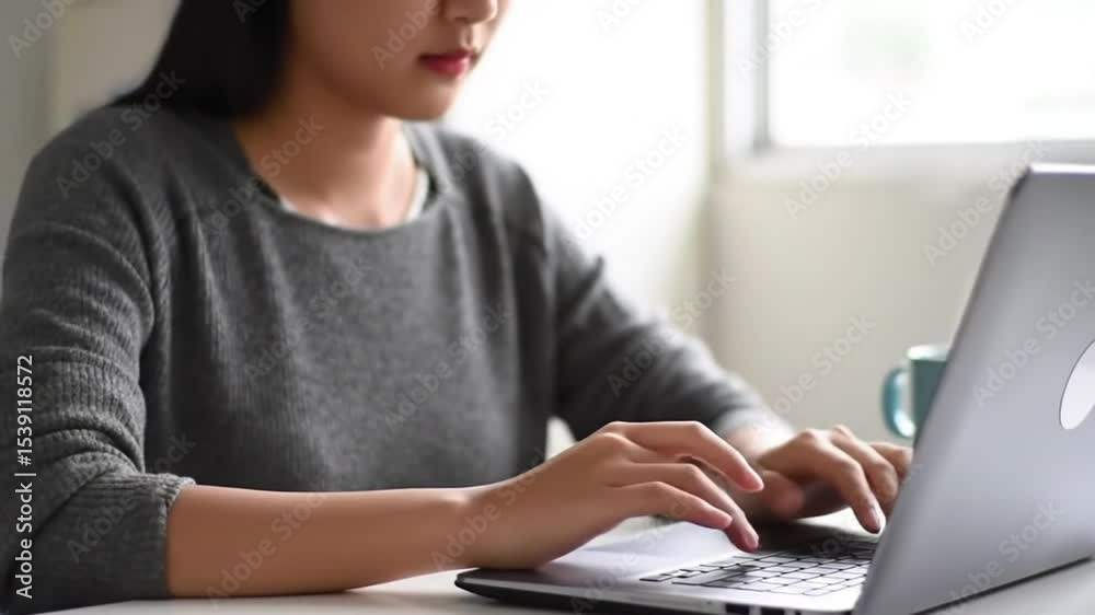 Woman typing on a silver laptop computer with a mug visible in the background at a desk setting Woman typing on a silver laptop computer with a mug visible in the background at a desk setting