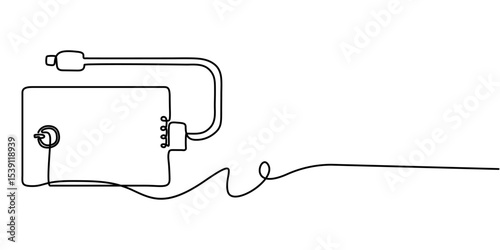 power bank  continuous one line drawing, Power bank. Line icon with sunbursts on white background, Cell phone Charging by Power bank Drawing, Power bank Icon - Editable Stroke. 