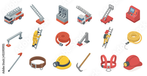 Firefighting and safety isometric icons set – emergency, rescue, fire control visuals