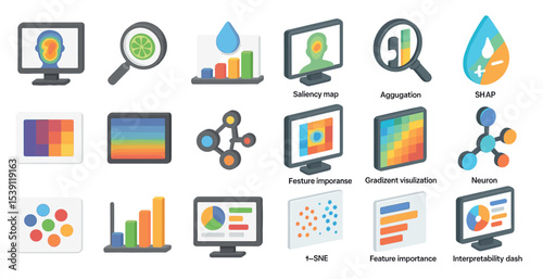 Data science flat icons set – analytics, visualization, machine learning symbols