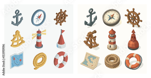Nautical and maritime icons set – isometric, sea, ocean, navigation symbols