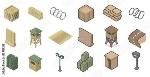 Military misfortune isometric icons set – fortifications, defense, security symbols