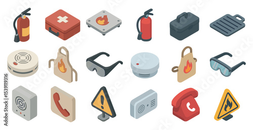 Safety and emergency isometric icons set – fire, hazard, alert symbols
