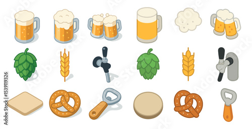 Beer festival icons set – isometric, brewing, celebration and party symbols