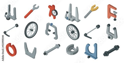 Bicycle parts isometric icons set – tools, repair, maintenance symbols
