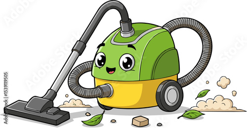 Cheerful Cartoon Vacuum Cleaner with Smiling Face and Cleaning Accessories.