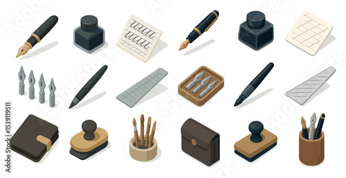 Vintage writing tools isometric icons set – pens, ink, antique stationery designs