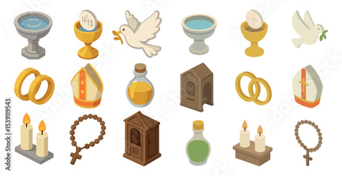 Religious isometric icons set – church, worship, faith symbols in 3d style