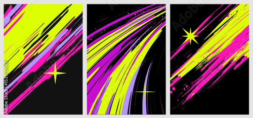 Vector illustration in modern Y2K and synthwave style with neon yellow, pink, purple, and black. Features abstract dynamic brush strokes and star shapes. Bold, energetic, and trendy geometric forms.