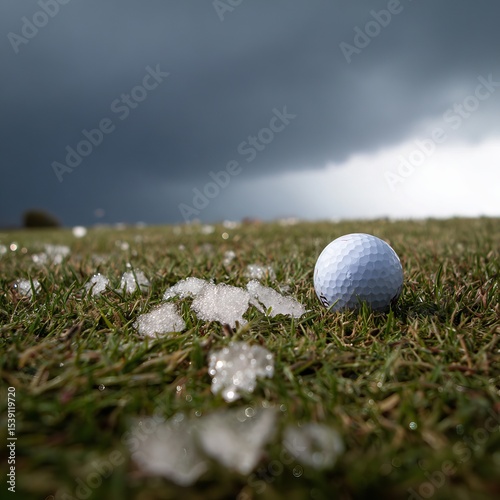 A golf ball rests in the lower right corner of a picture. Next to it, a piece of hail is almost touching it. The grass is green, but the sky looks stormy. 