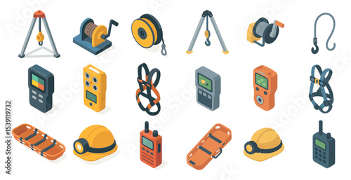 Construction tools isometric icons set – equipment, industry, building essentials