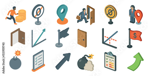 Business and finance isometric icons set – 3d, silhouette, money and growth symbols