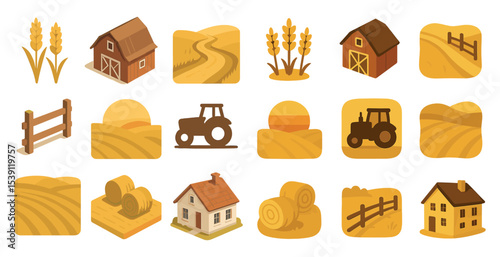 Farming and agriculture icons set – flat, filled, rural and countryside symbols