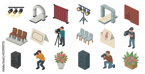 Photography and studio isometric icons set – equipment, camera, lighting graphics