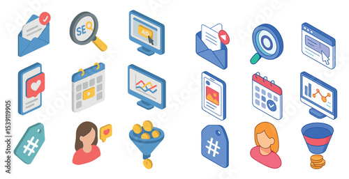 Marketing and business isometric icons set – digital, online, strategy symbols