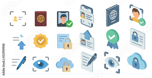 Identification and security flat icons set – filled, credentials and verification symbols