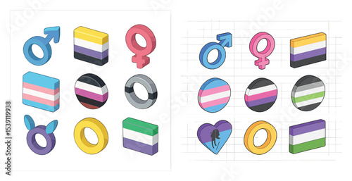 Lgbtq pride 3d icons set – colorful, isometric, equality and diversity symbols