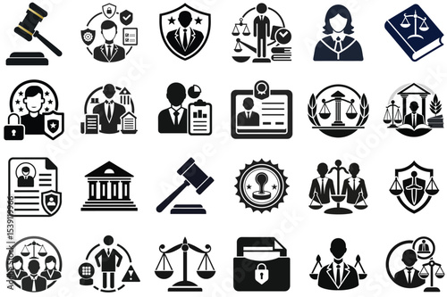 Modern Law & Justice Icon Set. Features the courthouse, gavel, and scales. Perfect for legal brands.