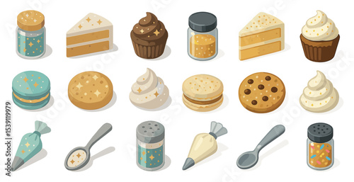 Bakery and dessert icons set – isometric, sweet treats and confectionery symbols