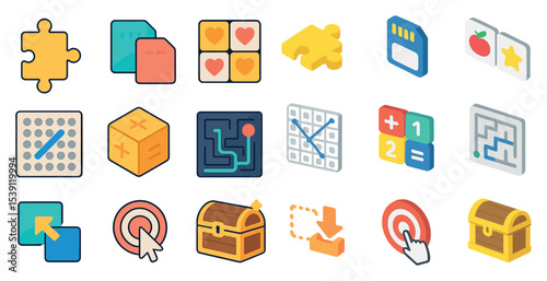Puzzle and game flat icons set – educational, interactive, brain-teaser symbols