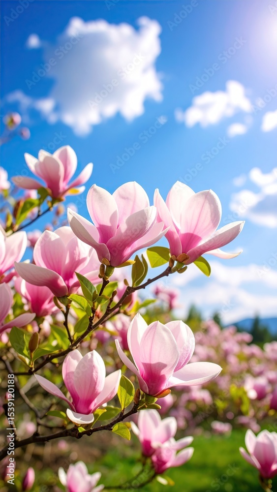 Obraz premium Pink Magnolia Blossoms with Sunny Sky.