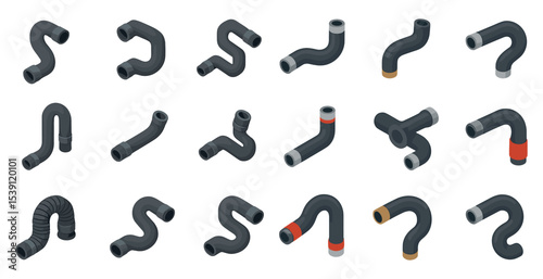 Plumbing and piping isometric icons set – construction, repair, maintenance visuals