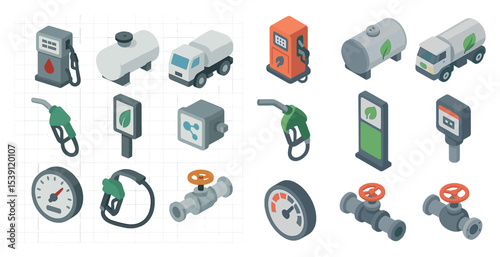 Fuel and energy icons set – isometric, 3d, gas and oil industry symbols
