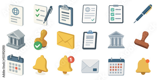 Business and office isometric icons set – documentation, stationery, planner symbols