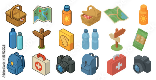 Outdoor adventure icons set – isometric, camping, travel and exploration symbols