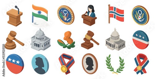 Government and politics icons set – isometric, 3d, legal and public service symbols