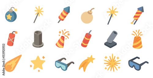 Fireworks and celebrations icons set – flat, silhouette, festive party symbols