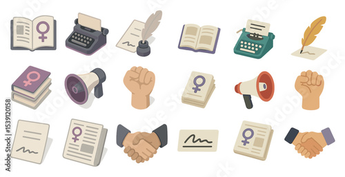Feminism and activism isometric icons set - 3d, empowerment, equality symbols