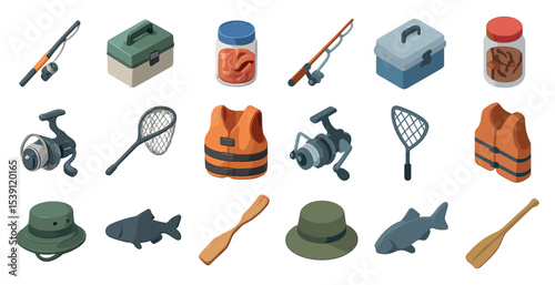 Fishing gear icons set – isometric, silhouette, angling tools and equipment graphics