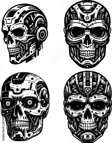 set of black and white cyborg skull vector with clean lines and bold contrast, ideal for tattoos.
