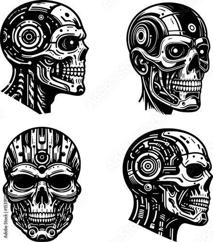 set of black and white cyborg skull vector with clean lines and bold contrast, ideal for tattoos.