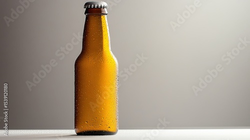 An amber glass bottle filled with craft beer stands on a white surface, adorned with condensation droplets that catch the light, suggesting refreshment and quality