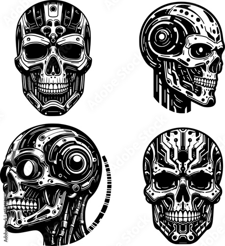 set of black and white cyborg skull vector with clean lines and bold contrast, ideal for tattoos.