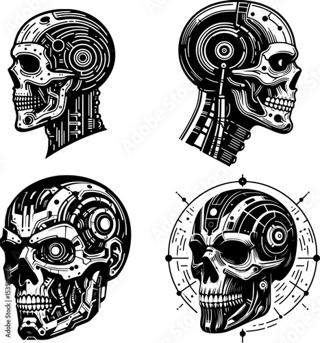 set of black and white cyborg skull vector with clean lines and bold contrast, ideal for tattoos.